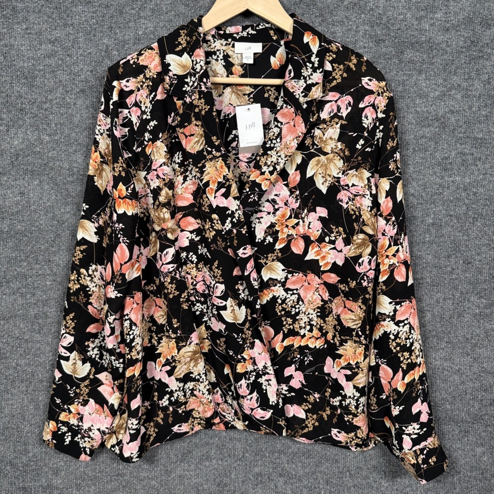 New J.Jill Womens Size XL Faux Wrap Shirt Blouse‎ Black Floral Long Sleeves